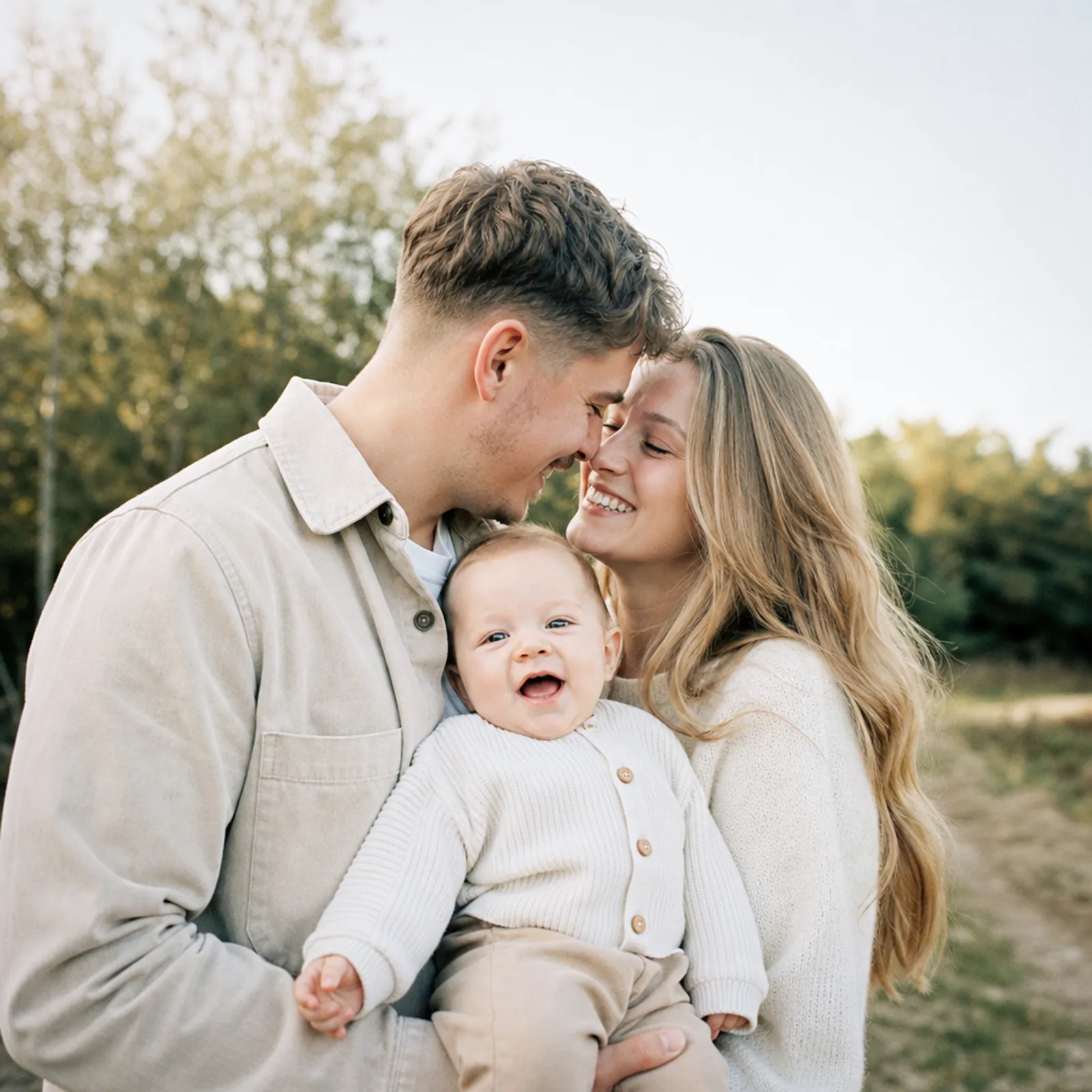 Eltern berühren sich mit der Nase, Baby lacht in die Kamera