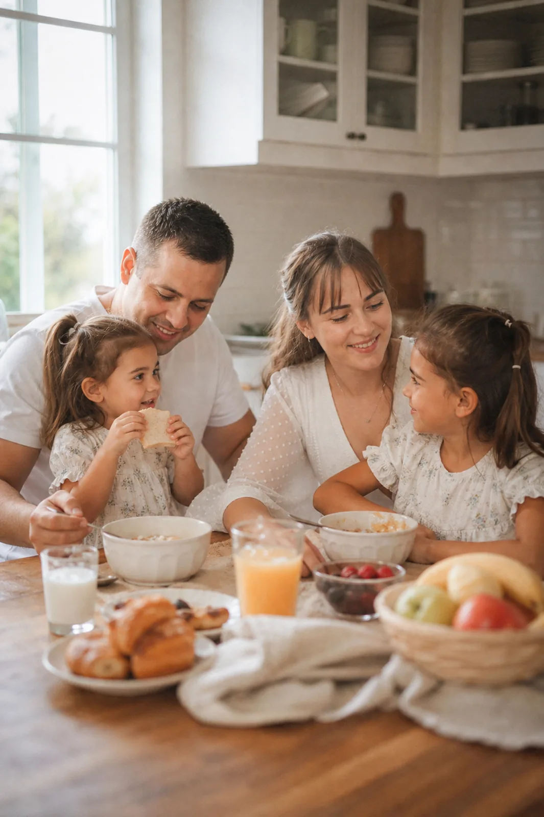 Familie beim Frühstück am Küchentisch