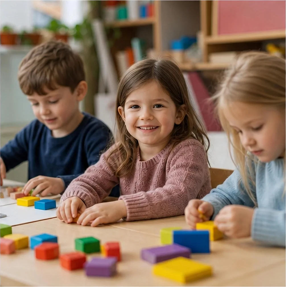 Drei Kinder spielen mit bunten Holzklötzen
