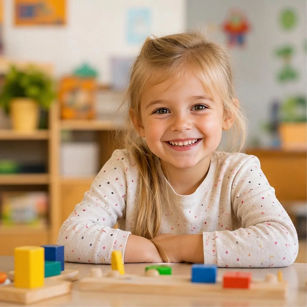 Mädchen mit Holzspielzeug am Tisch