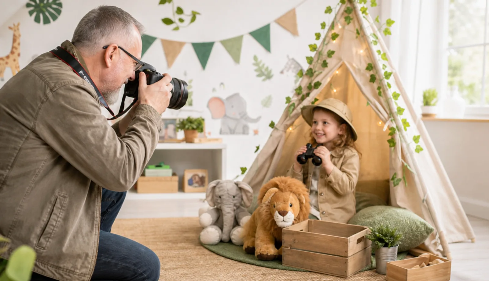 Patrick Hubig fotografiert ein Kind mit Safarihut in einem Zelt