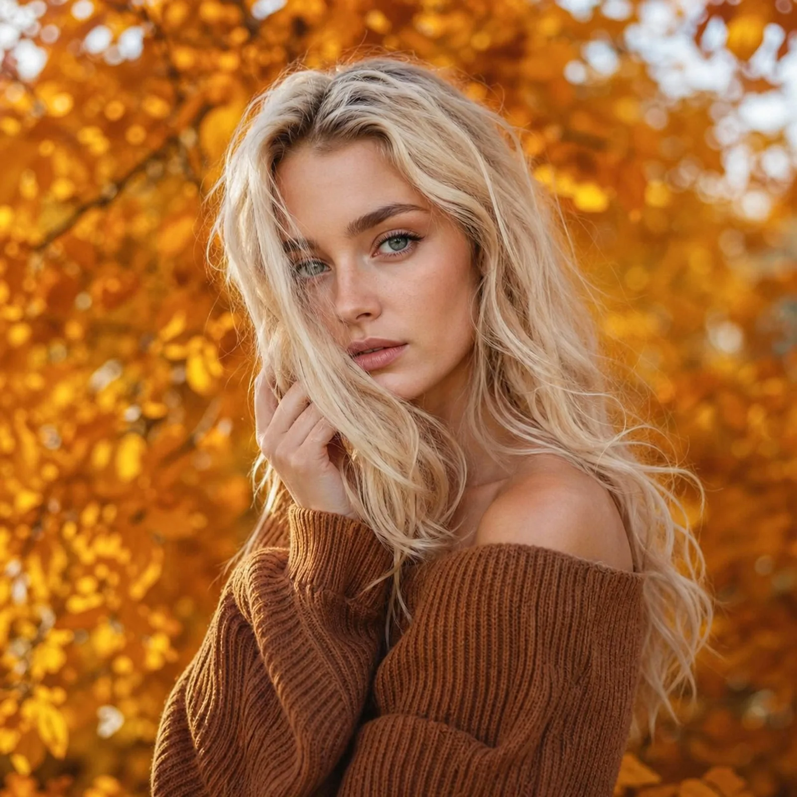Frau im braunen Strickpullover vor goldenem Herbstlaub
