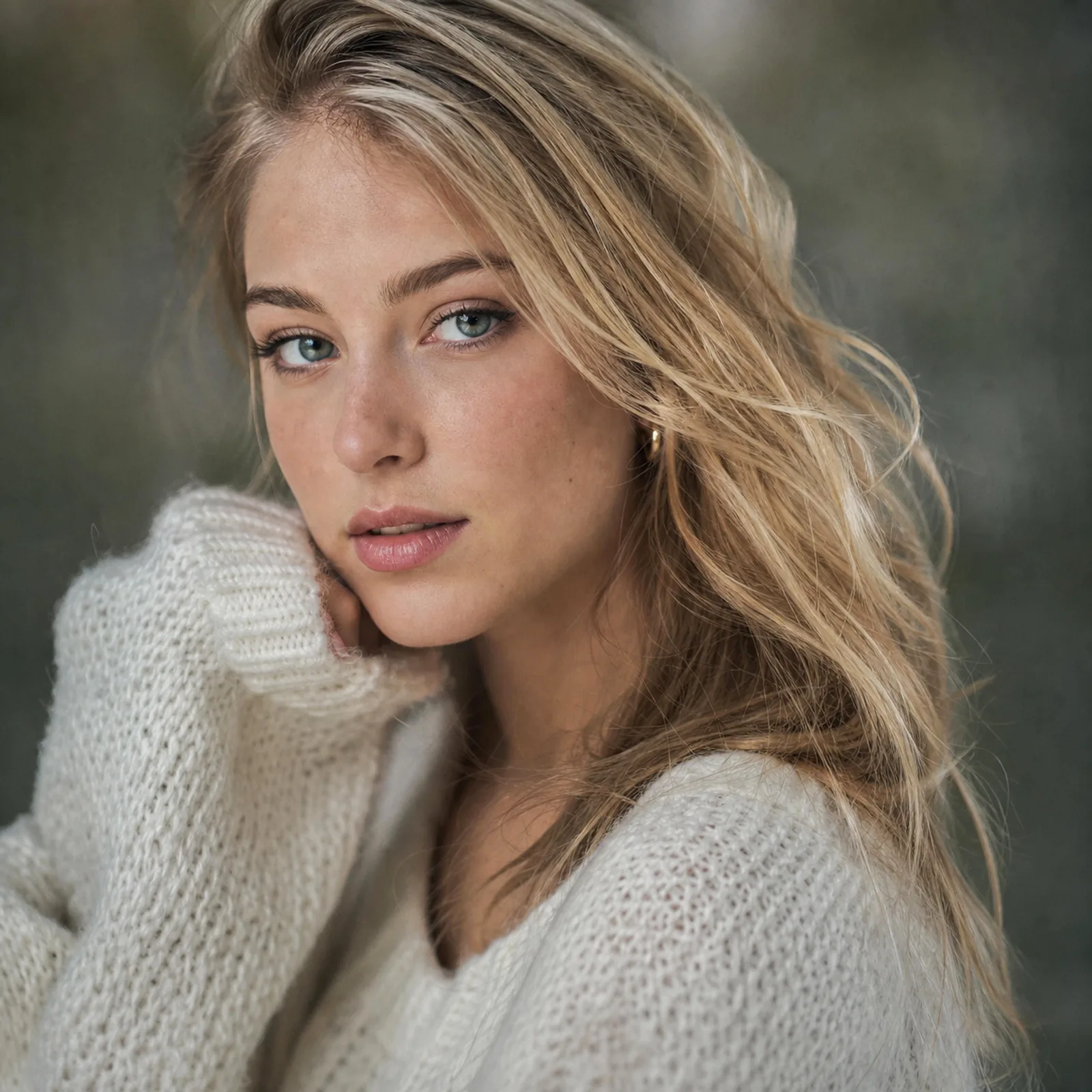 Portrait einer jungen Frau im cremefarbenen Strickpullover